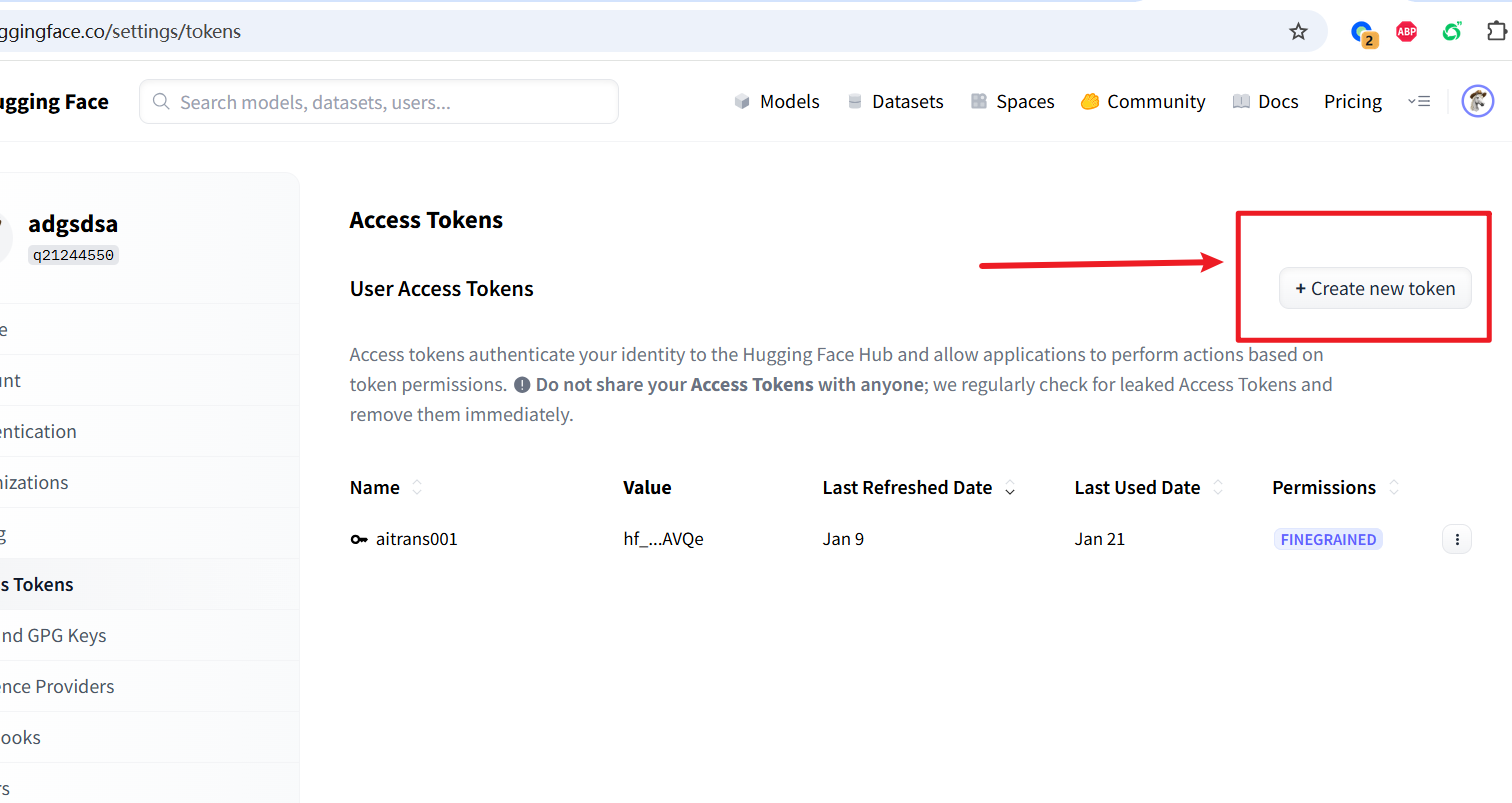 打开创建token的页面，点击Create new token